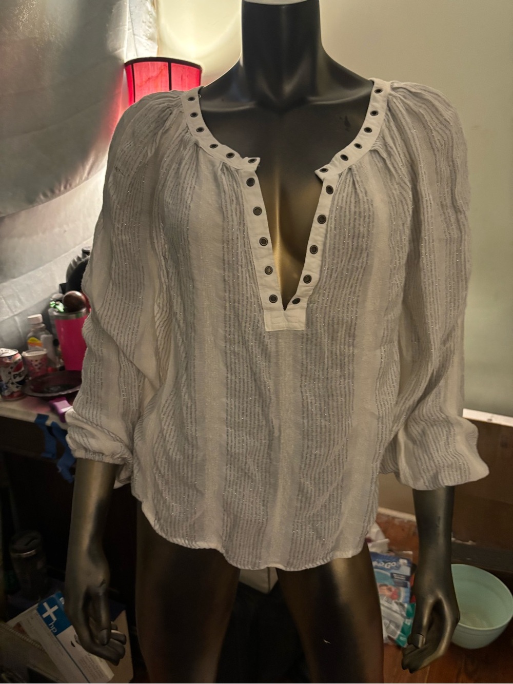 Free People Ivory Peasant Blouse with Eyelet Trim - Picture 3 of 7